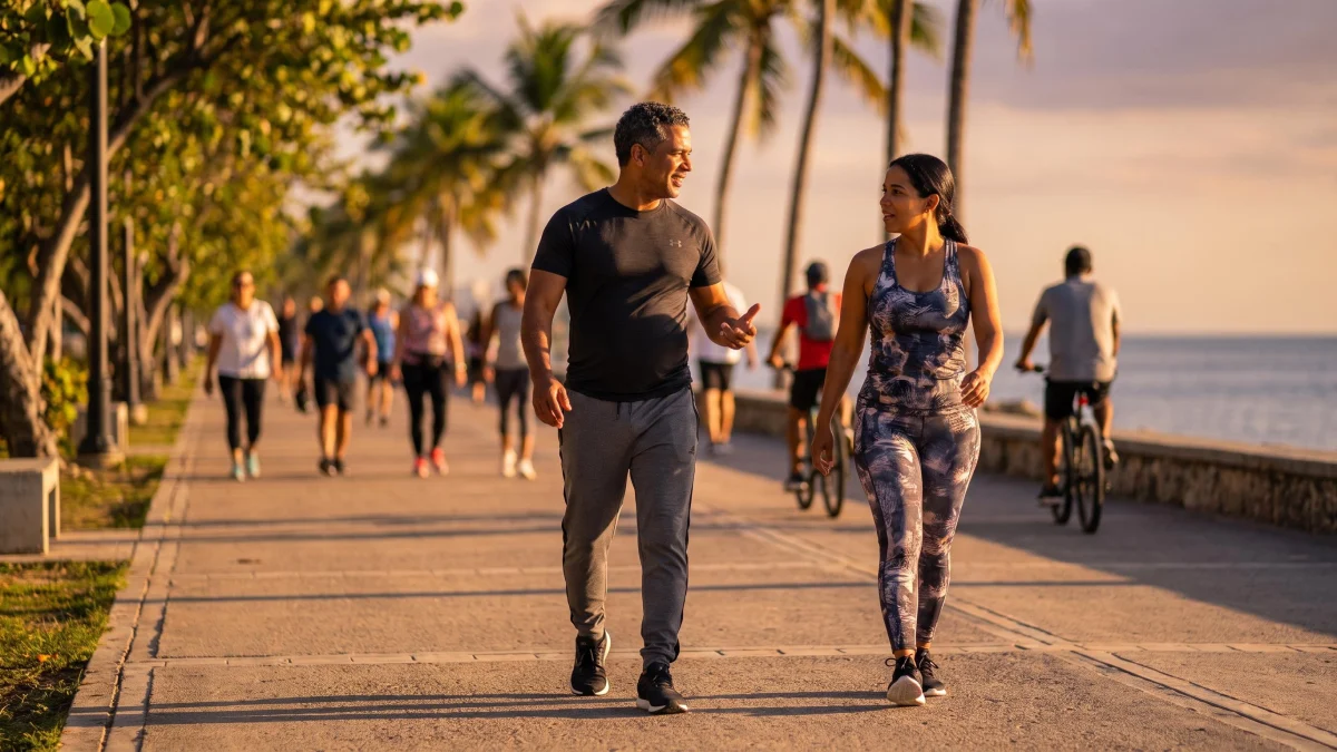 Dominican couple in their fifties taking a brisk evening walk along the waterfront