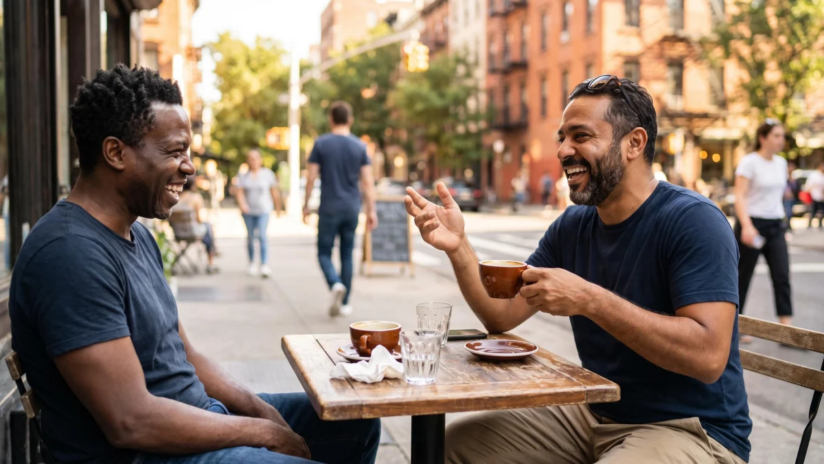 Two friends in their late forties laughing over coffee at a sidewalk cafe