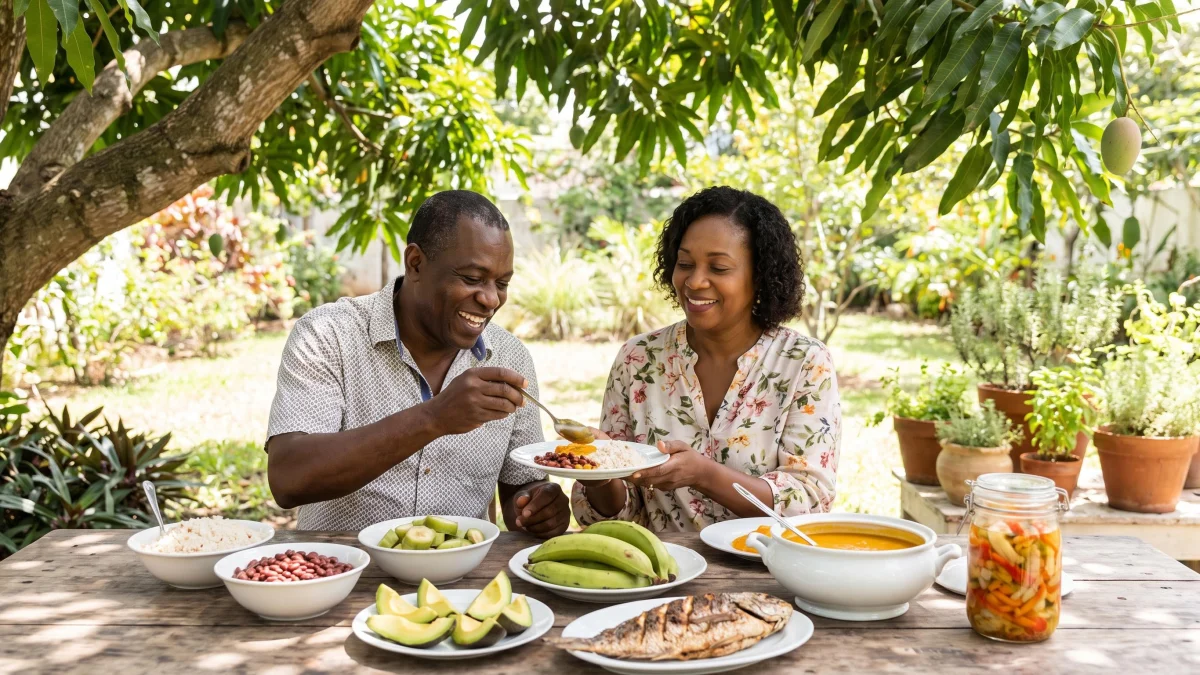 Haitian couple sharing a homemade Caribbean meal with rice and beans, plantain, avocado and fish