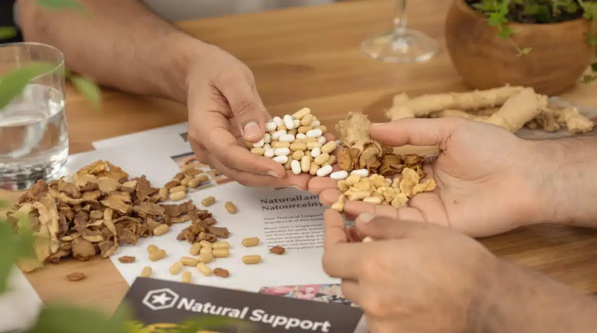 Man’s hands with herbal supplements and pamphlet reading 'Natural Support'
