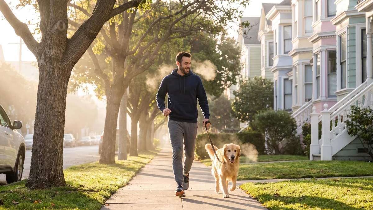 Hombre venezolano caminando con su perro al amanecer para tener más energía