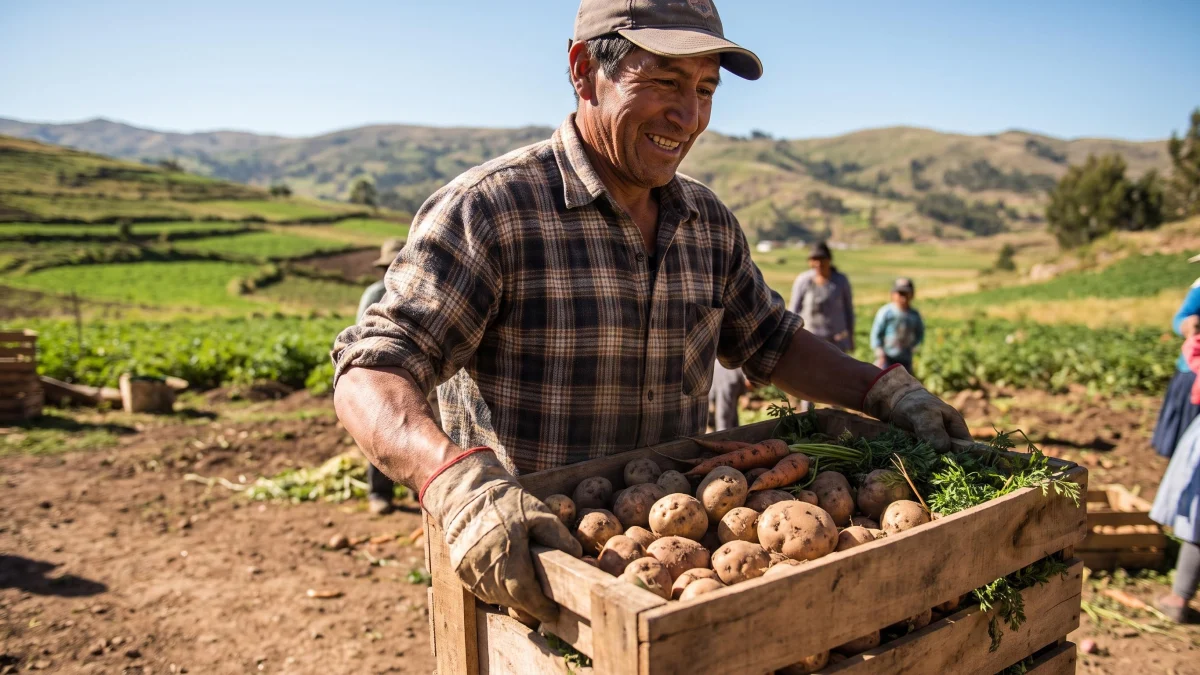 Hombre peruano cargando una caja pesada de verduras en una granja