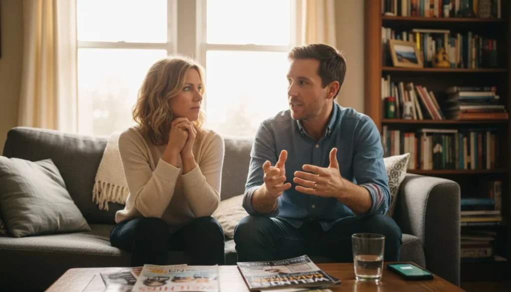 Ultra Bann Couple discussing health on sofa