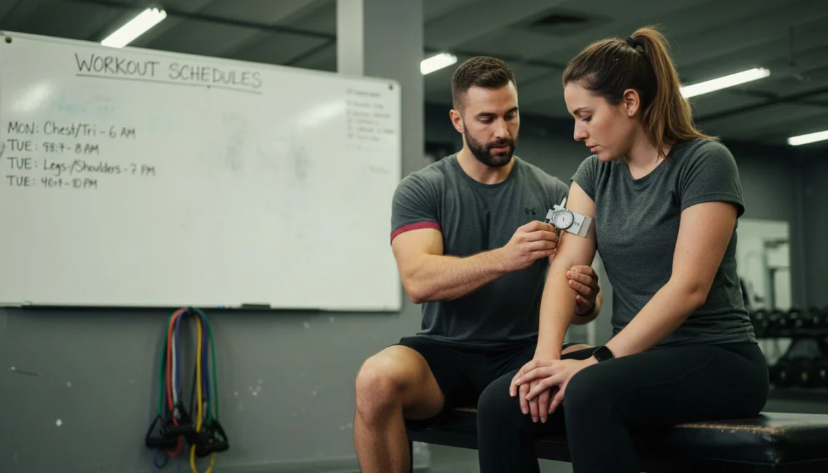 Trainer demonstrating fat measurement with calipers