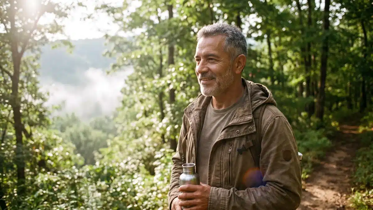 Man in his fifties on a forest hiking trail, staying active and aging gracefully