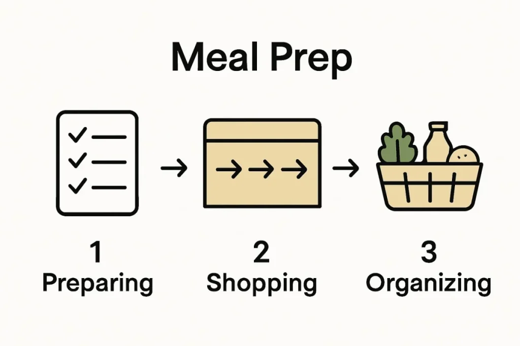 Infographic showing shopping list, grocery store perimeter, and home organization steps for meal prep