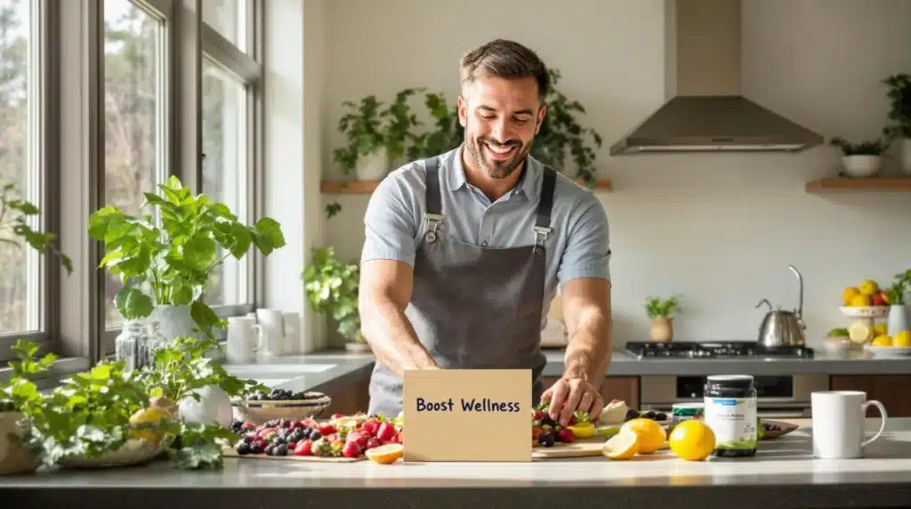 Ultra Bann Man in kitchen with antioxidant-rich foods for wellness