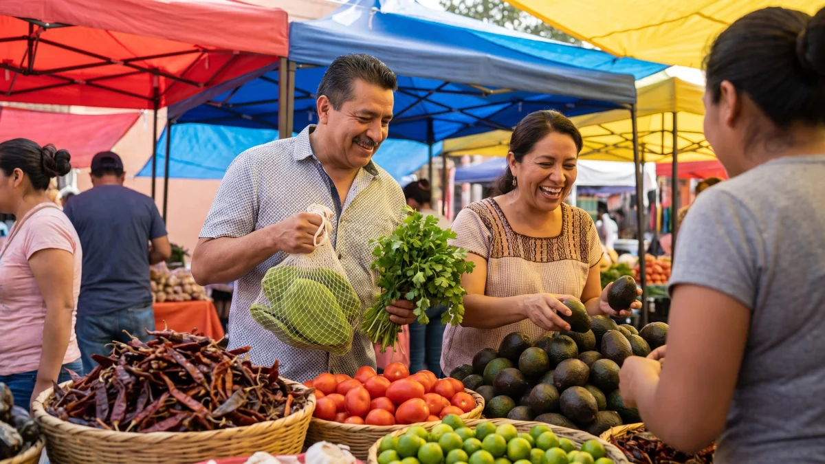 Pareja mexicoamericana comprando nopales y aguacates en un tianguis