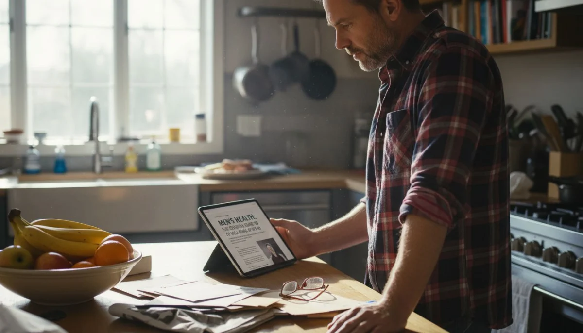 Ultra Bann Man reading health information at kitchen island