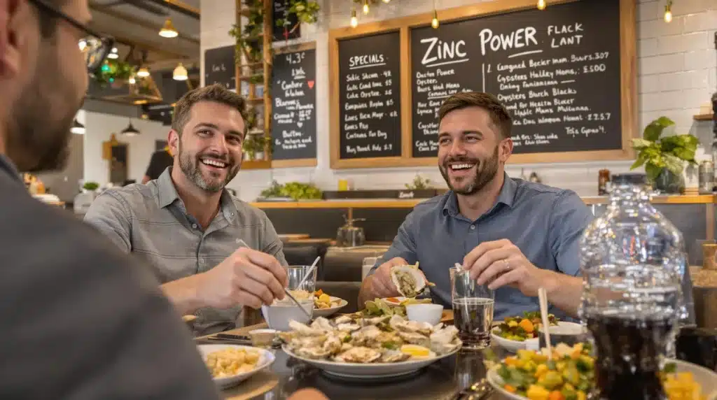 Men sharing oysters at restaurant, specials board highlights zinc benefits