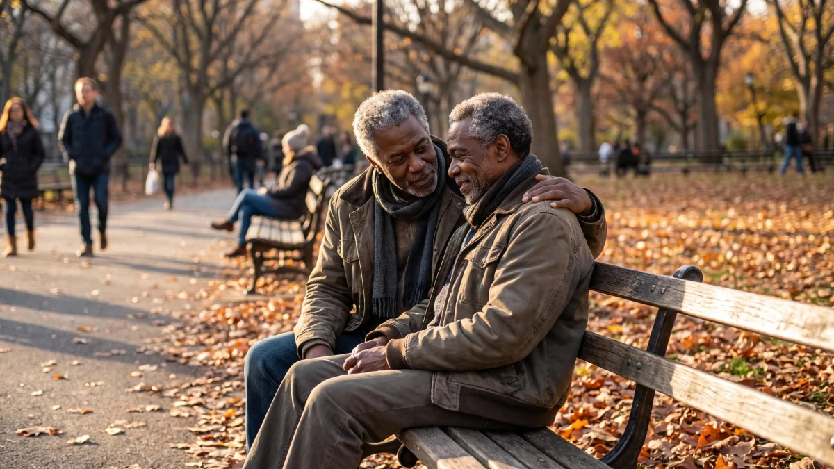 Two men in their forties having a heartfelt conversation on a park bench