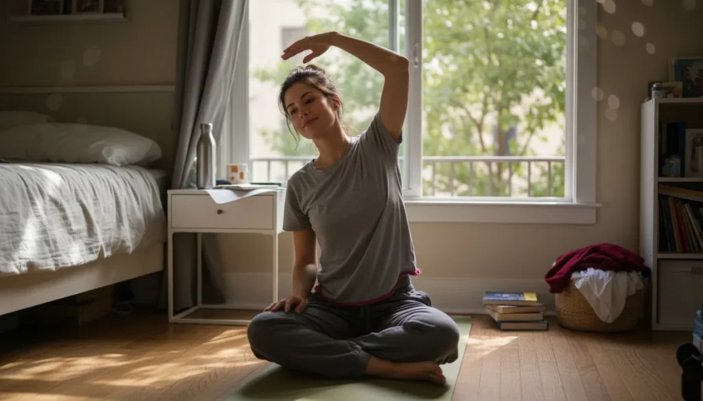 Ultra Bann Woman practicing yoga for mood improvement
