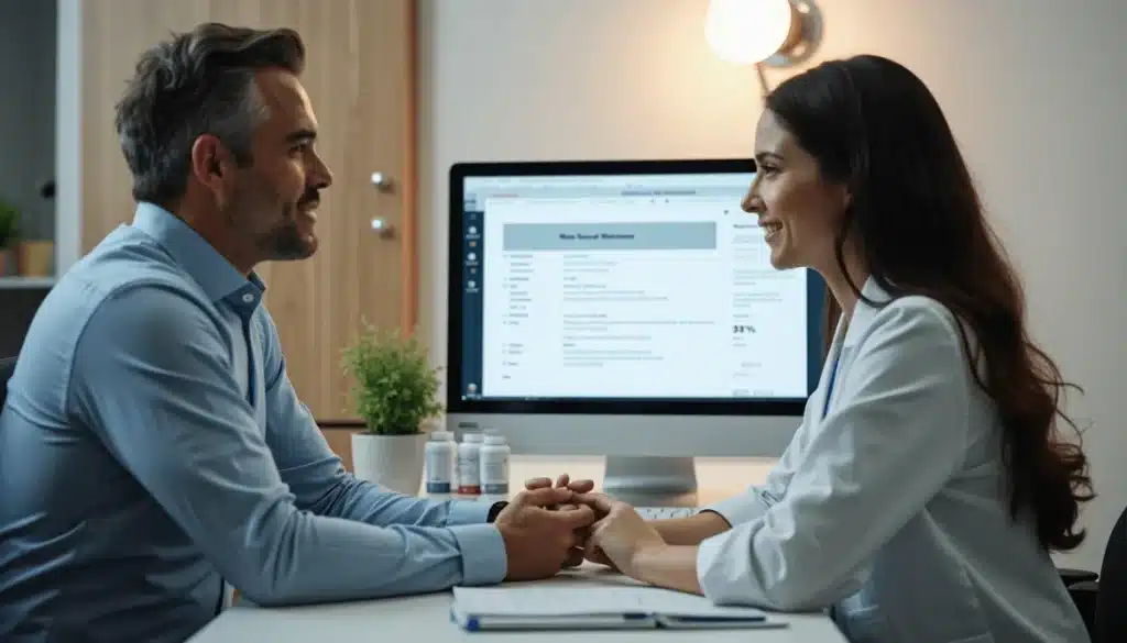 Doctor and patient discuss supplement efficacy at clinic desk