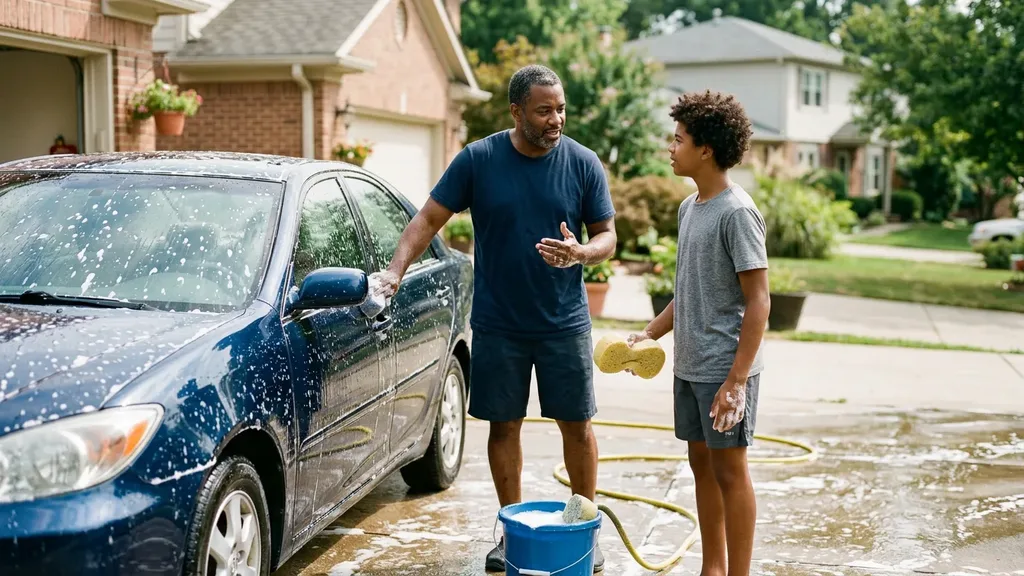 Black father and teenage son talking while washing the family car in the driveway