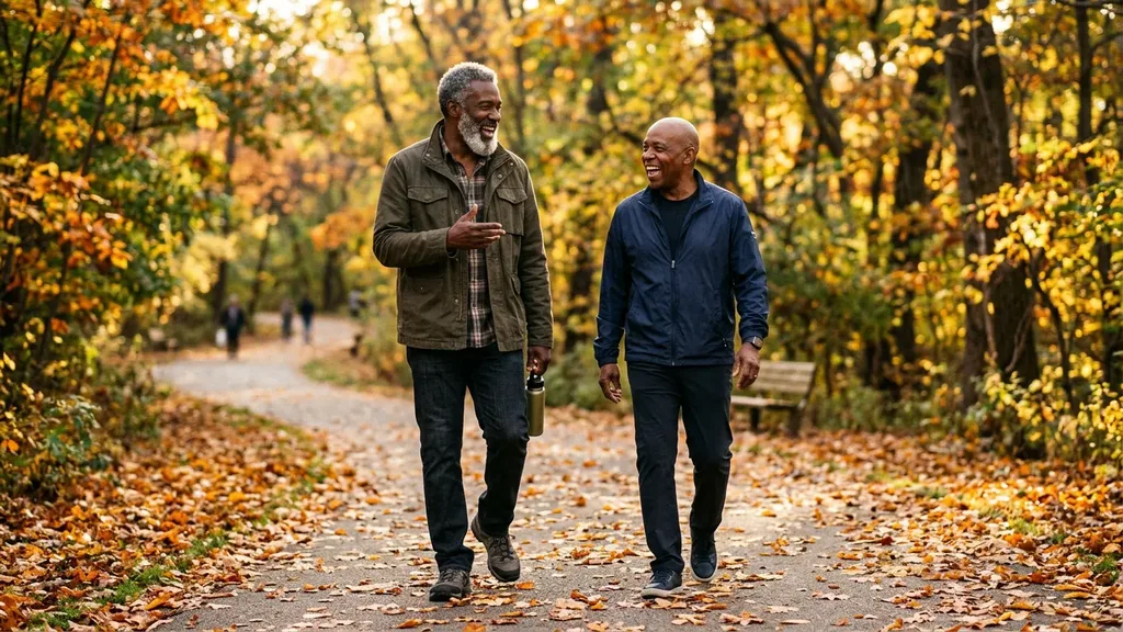 Two Black men in their 50s and 60s walking briskly together on an autumn park path
