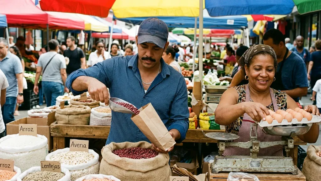 Dominican-American man scooping dried red beans at a neighborhood market stall while a vendor weighs eggs