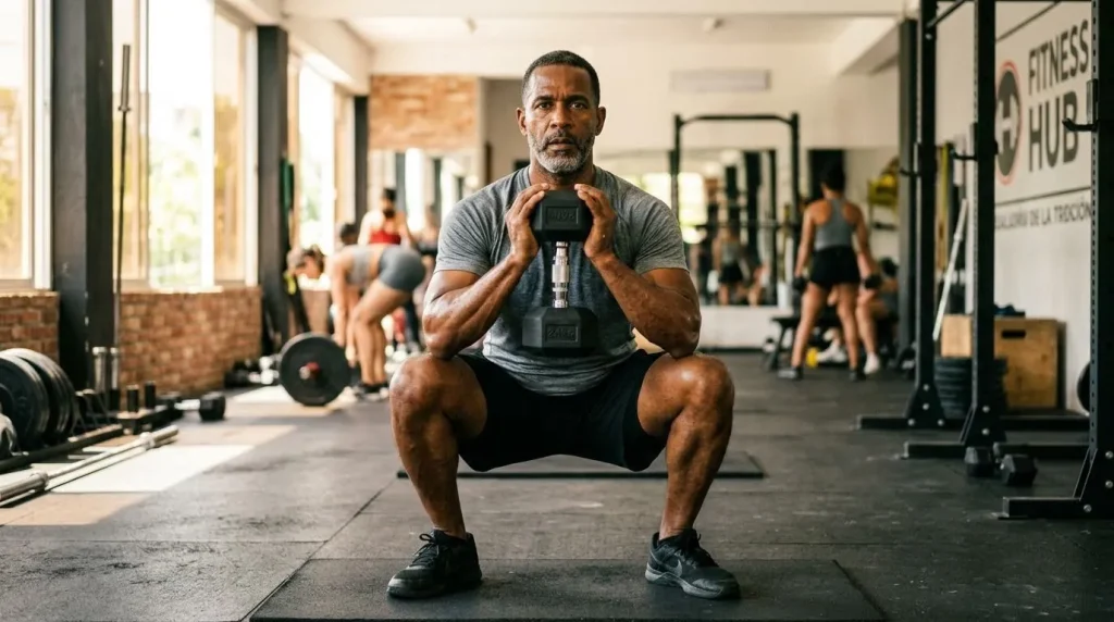 Man over 40 doing a goblet squat with a dumbbell in the gym