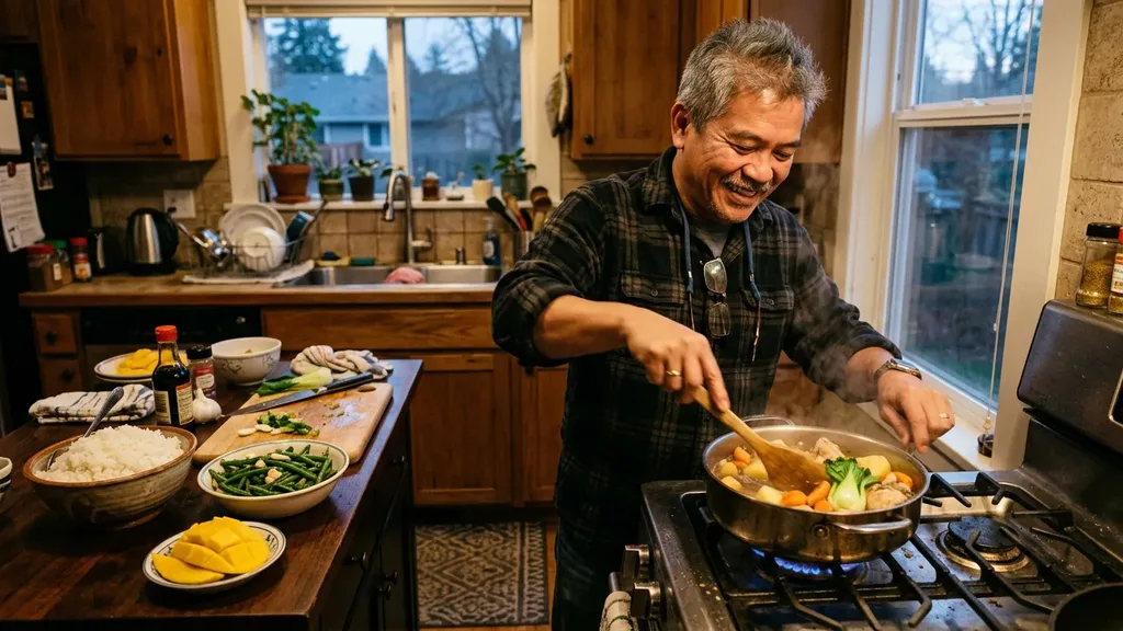 Filipino-American man cooking chicken and vegetables at home with rice and fruit ready on the counter