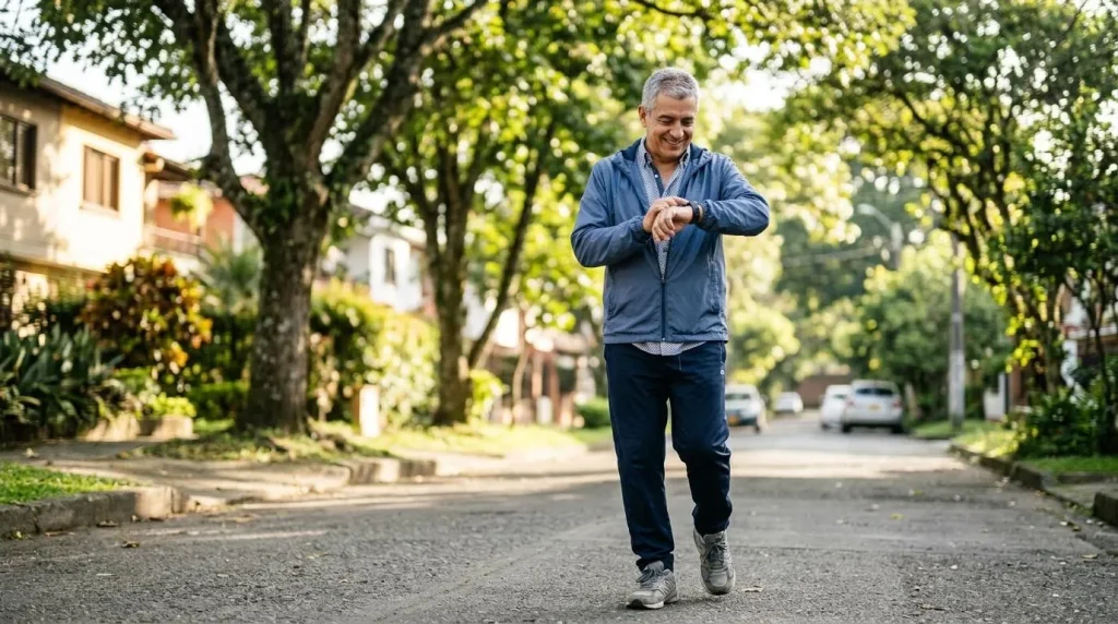 Hombre colombiano de unos 58 años caminando y revisando sus pasos en el reloj