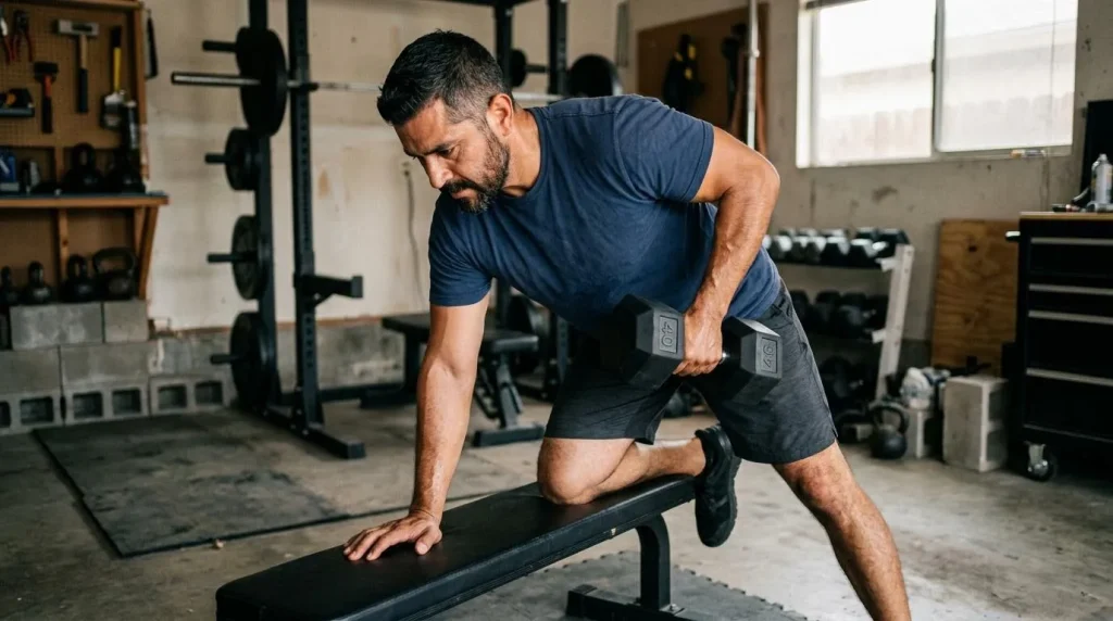 Hombre haciendo remo con mancuerna para entrenar la fuerza