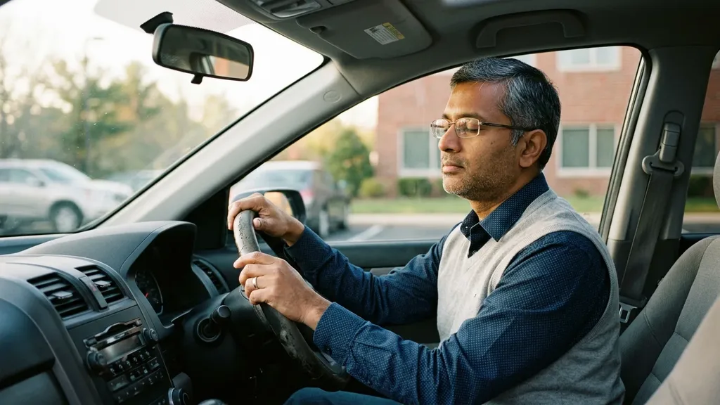 Indian-American man in his 40s sitting calmly in his parked car before work, taking a moment to steady himself