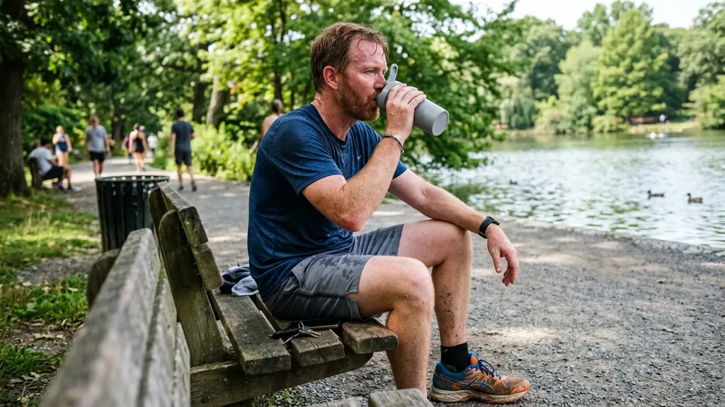 Man in his 40s drinking from a plain shaker bottle on a lakeside park bench after a jog