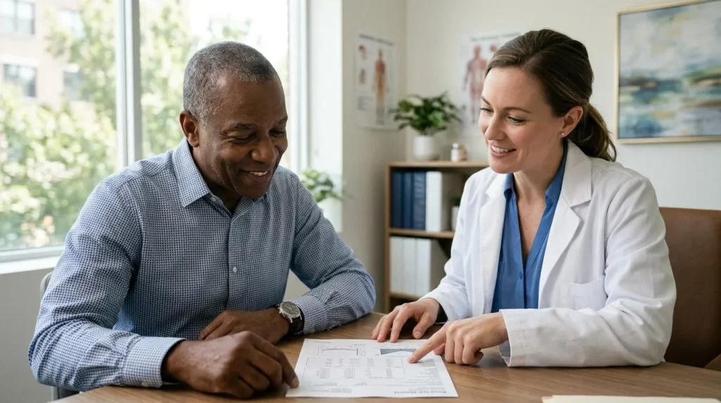 Man in his 50s reviewing blood test results with his doctor