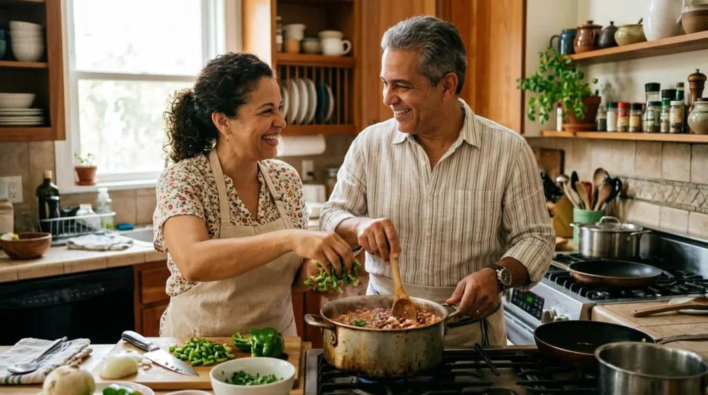 Pareja puertorriqueña cocinando habichuelas y vegetales en casa
